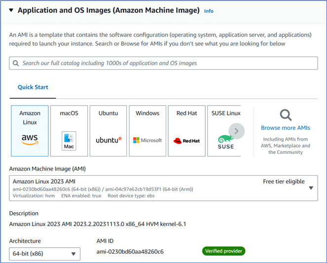 Figure 4 The Application and OS images section on the Launch an instance page