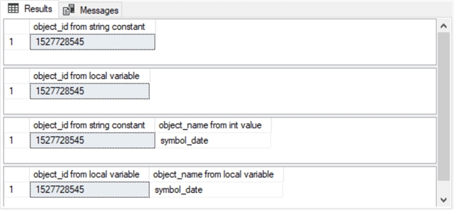 Result sets for object_id function values from a literal value and a local variable value, and results sets for both object_id and object_name return values