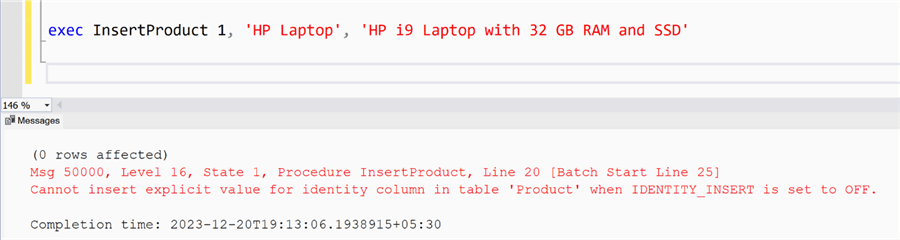 The Insert statement fails since identity insert is turned On in the Product table