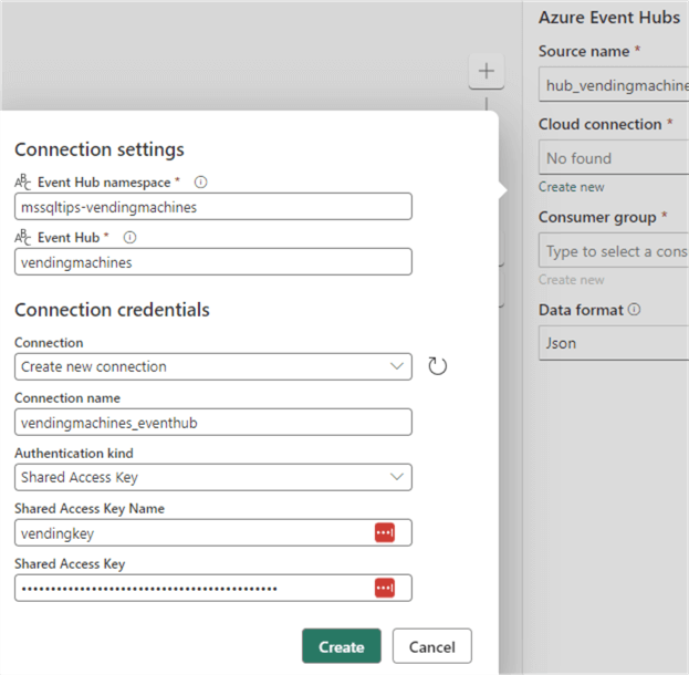 create new connection to azure event hub