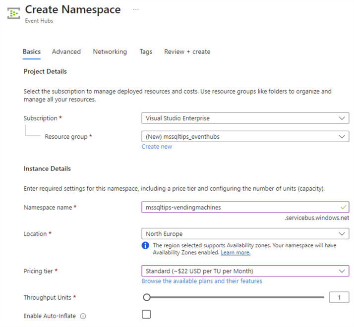 event hubs namespace configuration