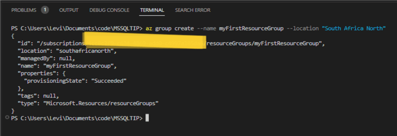 Azure ClI command to create a resource group and success output