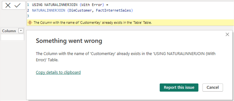 Screenshot showing error generated when working with DAX NATURALINNERJOIN function.
