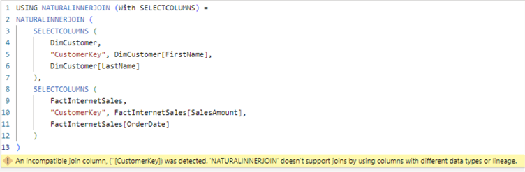 Screenshot showing the datatype error generated when working with DAX NATURALINNERJOIN function.