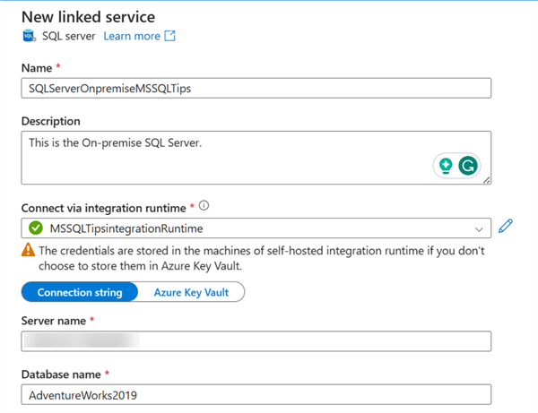New linked service configuration