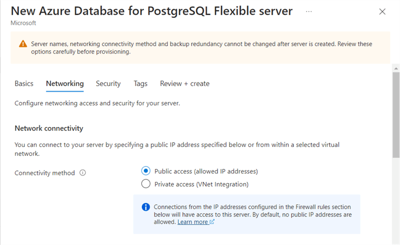 deploy + configure - azure sql database for postgreSQL - networking