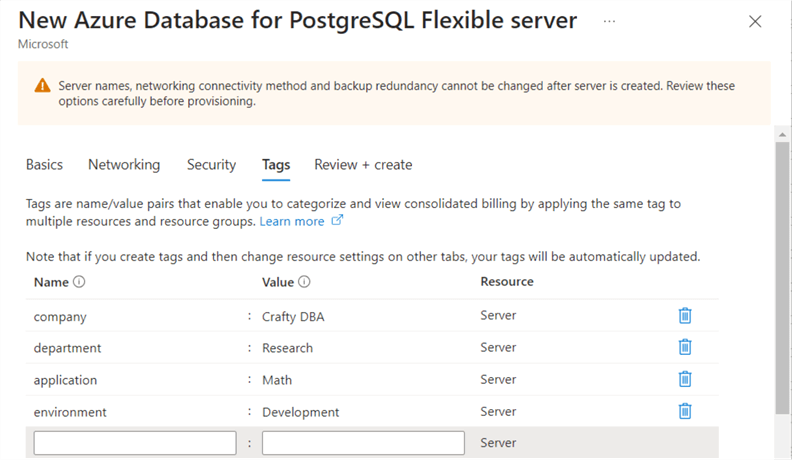 deploy + configure - azure sql database for postgreSQL - tagging on the service