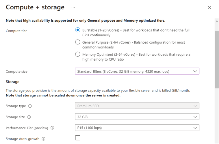 deploy + configure - azure sql database for postgreSQL - pick compute + storage