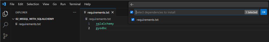 vs code select requirements file