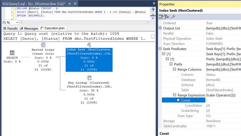 Option recompile on the query allows SQL Server to compile the query using the actual value of @Status