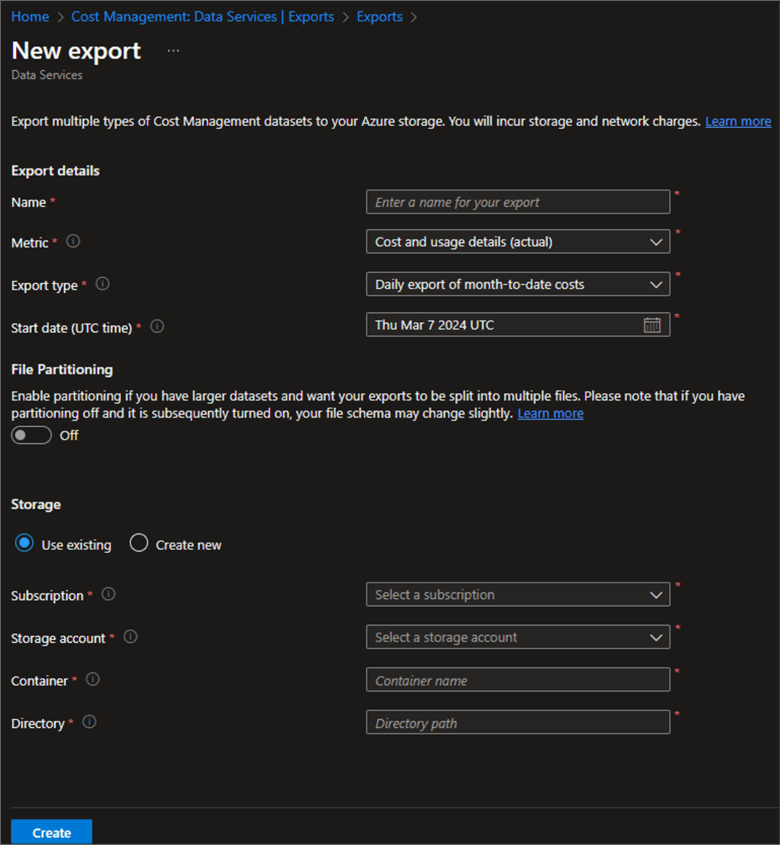 New Export Steps and details to create a new export process.