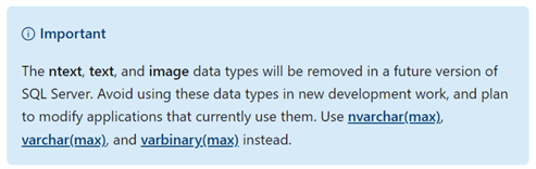 Screenshot from learn.Microsoft page for the text and ntext data types