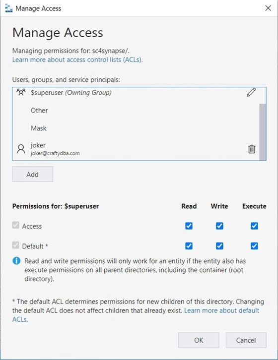 azure synapse serverless - lake database - grant acces + default rights to top most container