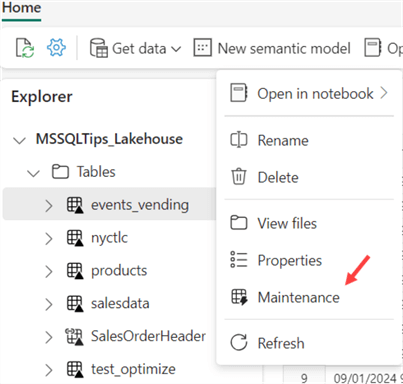 maintenance in the context menu of a table