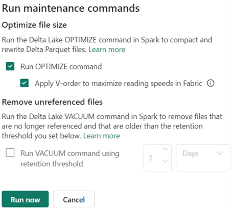 run maintenance commands, either OPTIMIZE (with V-ORDER) or VACUUM, or both.