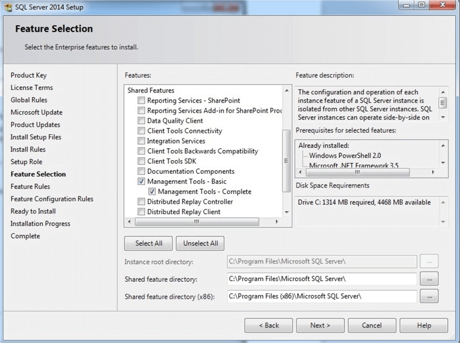 sql server 2014 feature selection