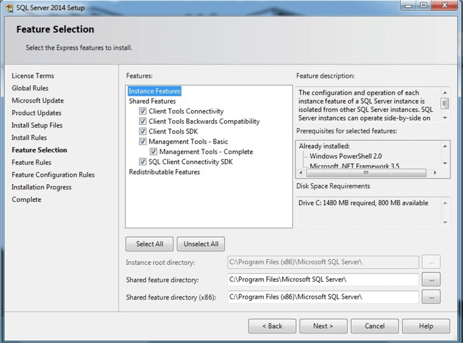 sql server 2014 feature selection