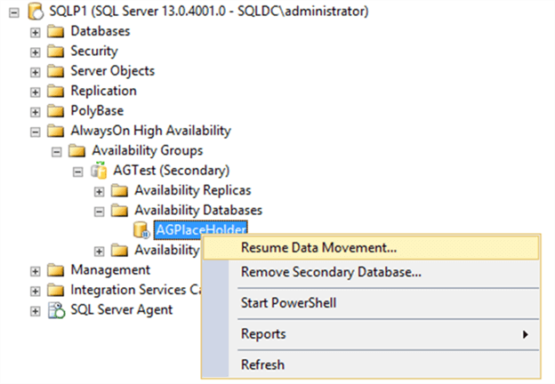 Resume data movement from SSMS