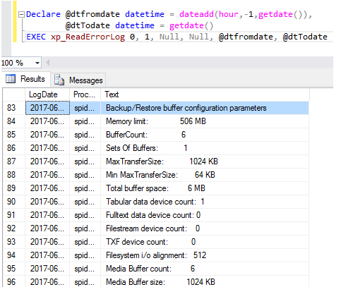 Read error log - Description: Get Backup/Restore buffer,size configuration details from errorlog