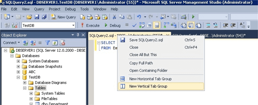new vertical tab group in SQL Server Management Studio