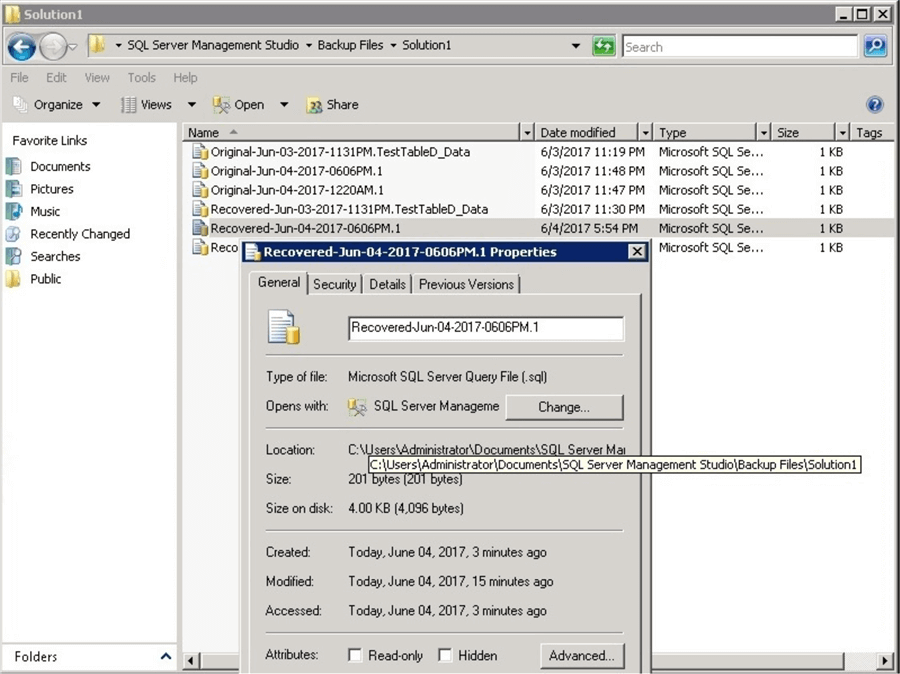 sql server management studio recovered files
