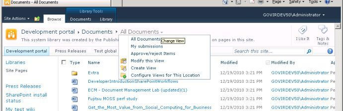 2010 document library screenshot showing Views drop-down