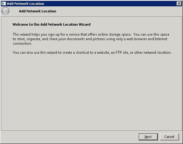 Welcome to the Add Network Location wizard screen