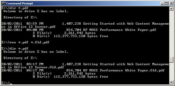 Command prompt showing rename command