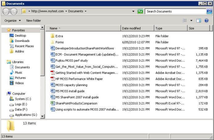 Windows Explorer window showing SharePoint documents and folders