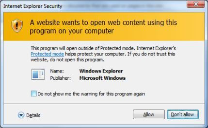 Windows security warning about launching Explorer