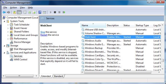 Windows Services console showing WebClient service