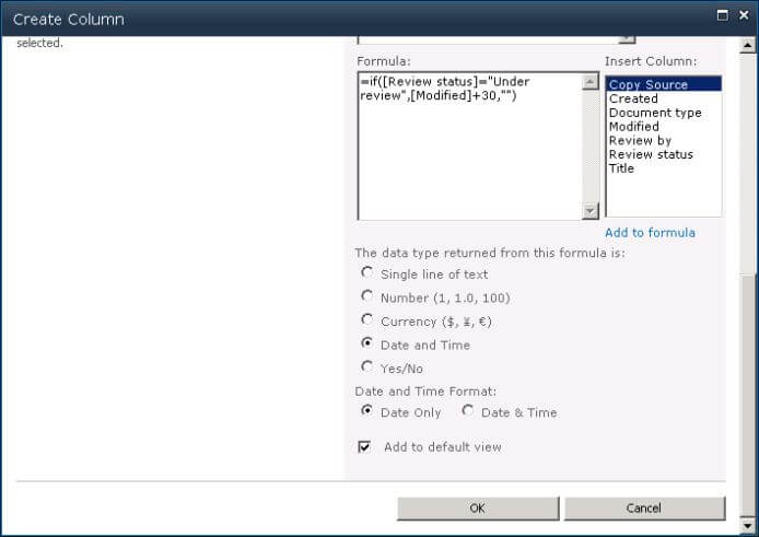 Screenshot of formula and other settings on create column screen