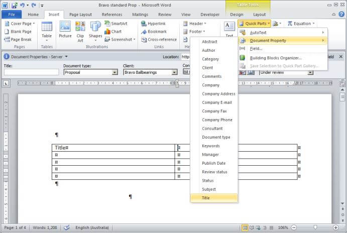 Inserting the Title document property in Word