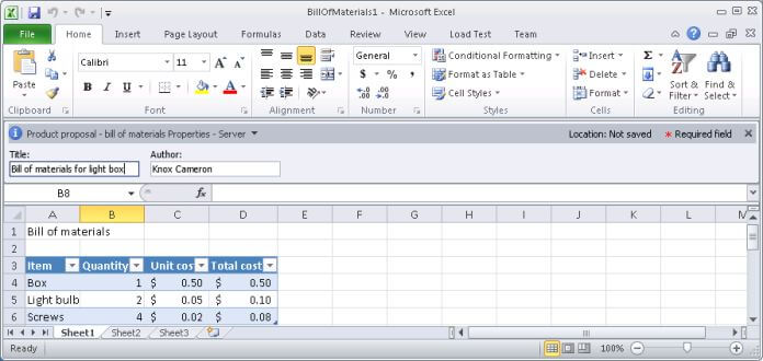 Bill of materials template opened as new document in Excel