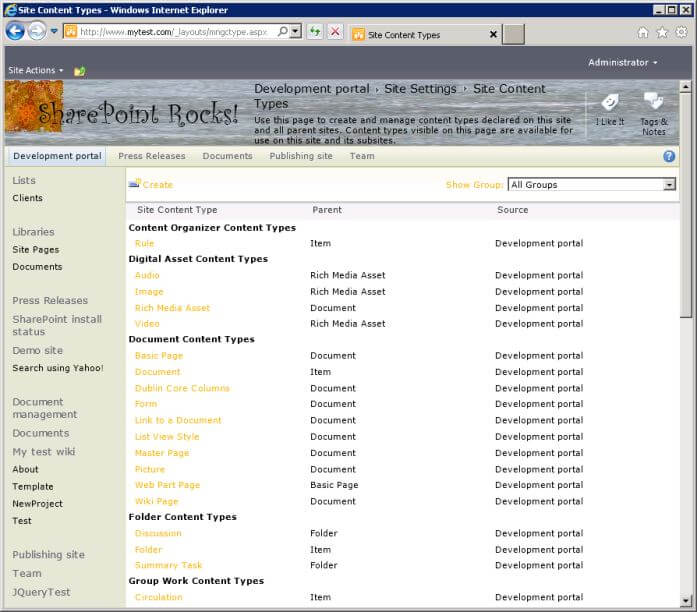 Screenshot of site content type gallery