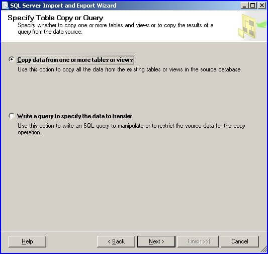 Specify Table Copy or Query