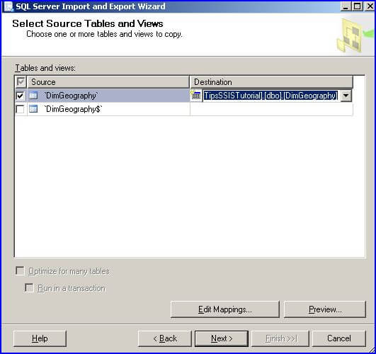 mport wizard specify tables