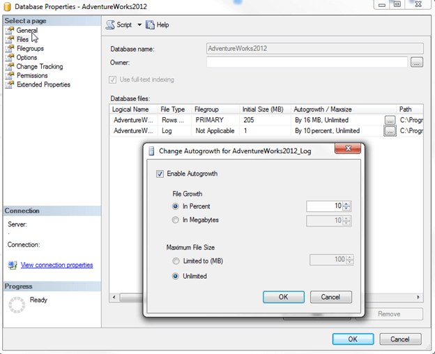To enable Autogrow in SSMS, right click the database and select properties.
