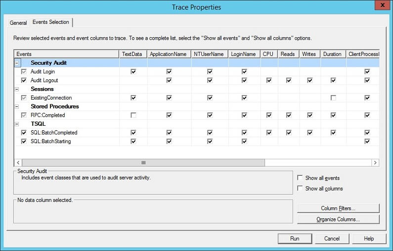 SQL Profiler - Event Selection Tab