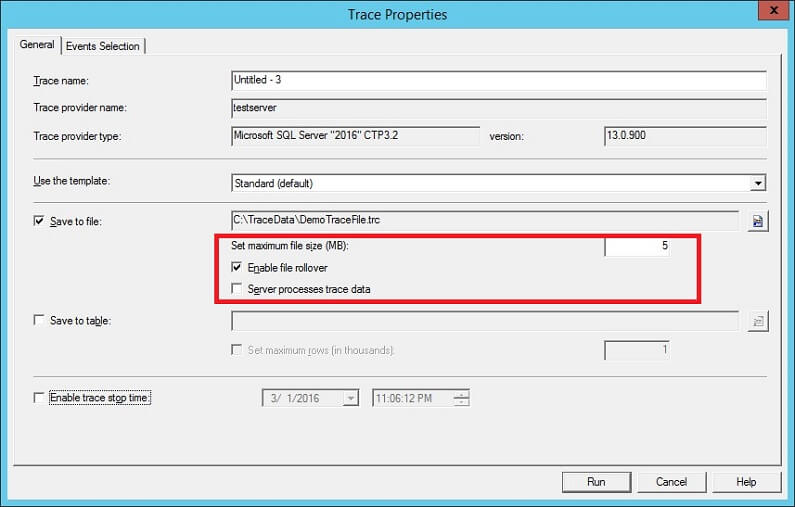 SQL Profiler - Save Trace File Options