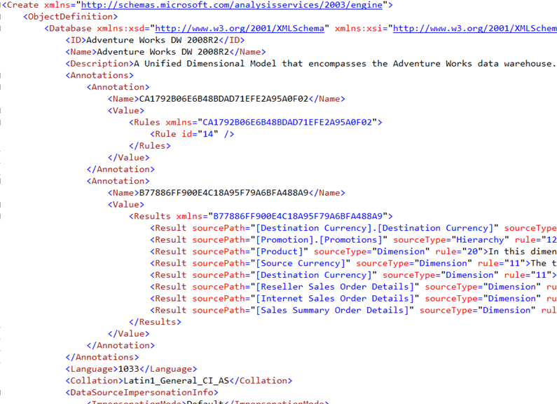 Sample XMLA script generated from SQL Server Management Studio for a SSAS database