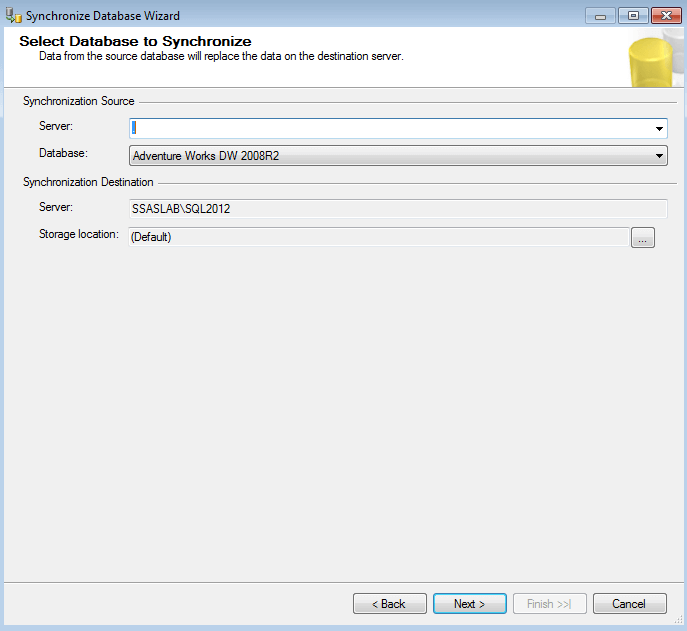 SSAS Synchronize Database Wizard to configure the source and destination server