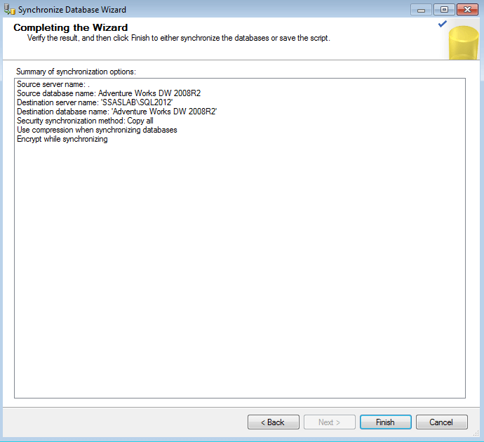 SSAS Synchronize Database Wizard Completing the Wizard