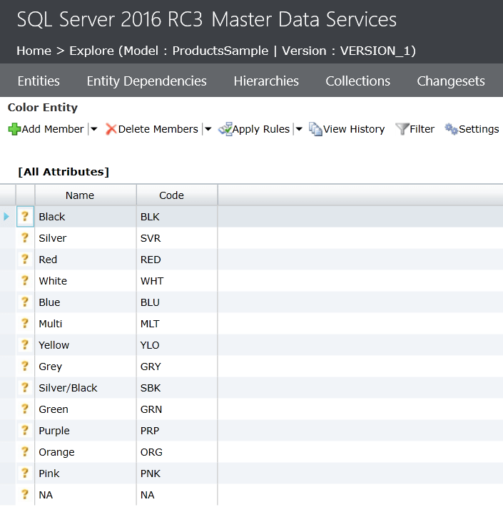 SQL Server MDS All Attributes for Color