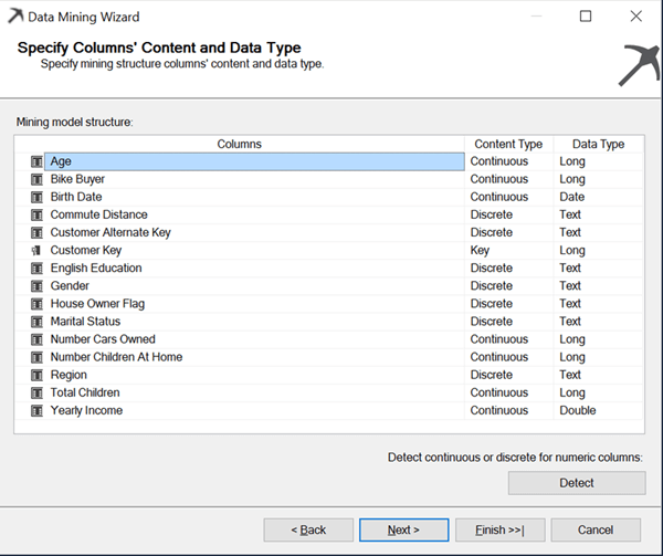 data mining wizard specify columns and data type