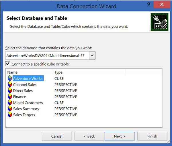 Select the SSAS Database and Table in Microsoft Excel