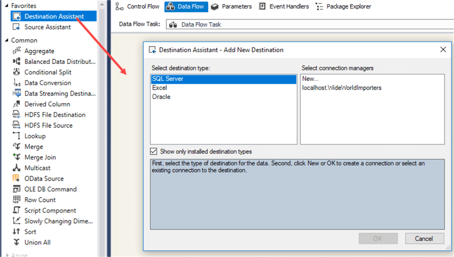 Adding the Destination in the SSIS Data Flow Task
