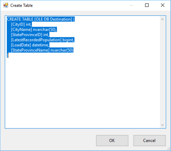 create table statement ddl in SSIS