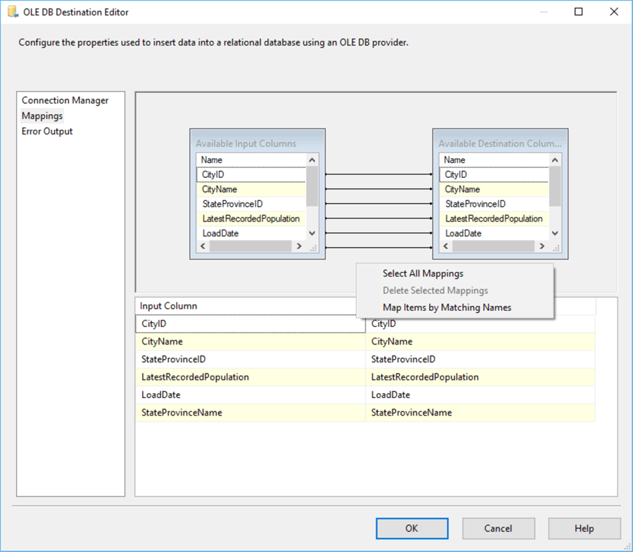 mapping columns in the SSIS OLE DB Destination Editor