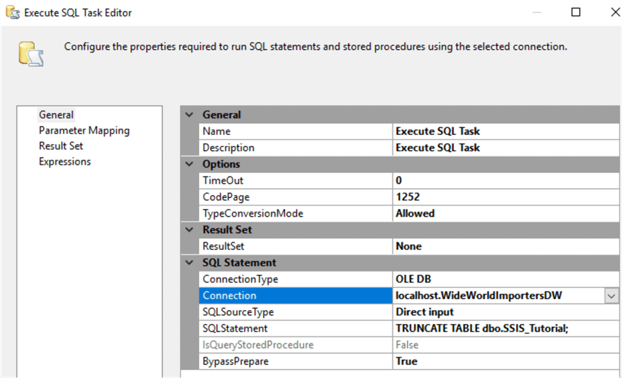 configure Execute SQL task to Truncate table